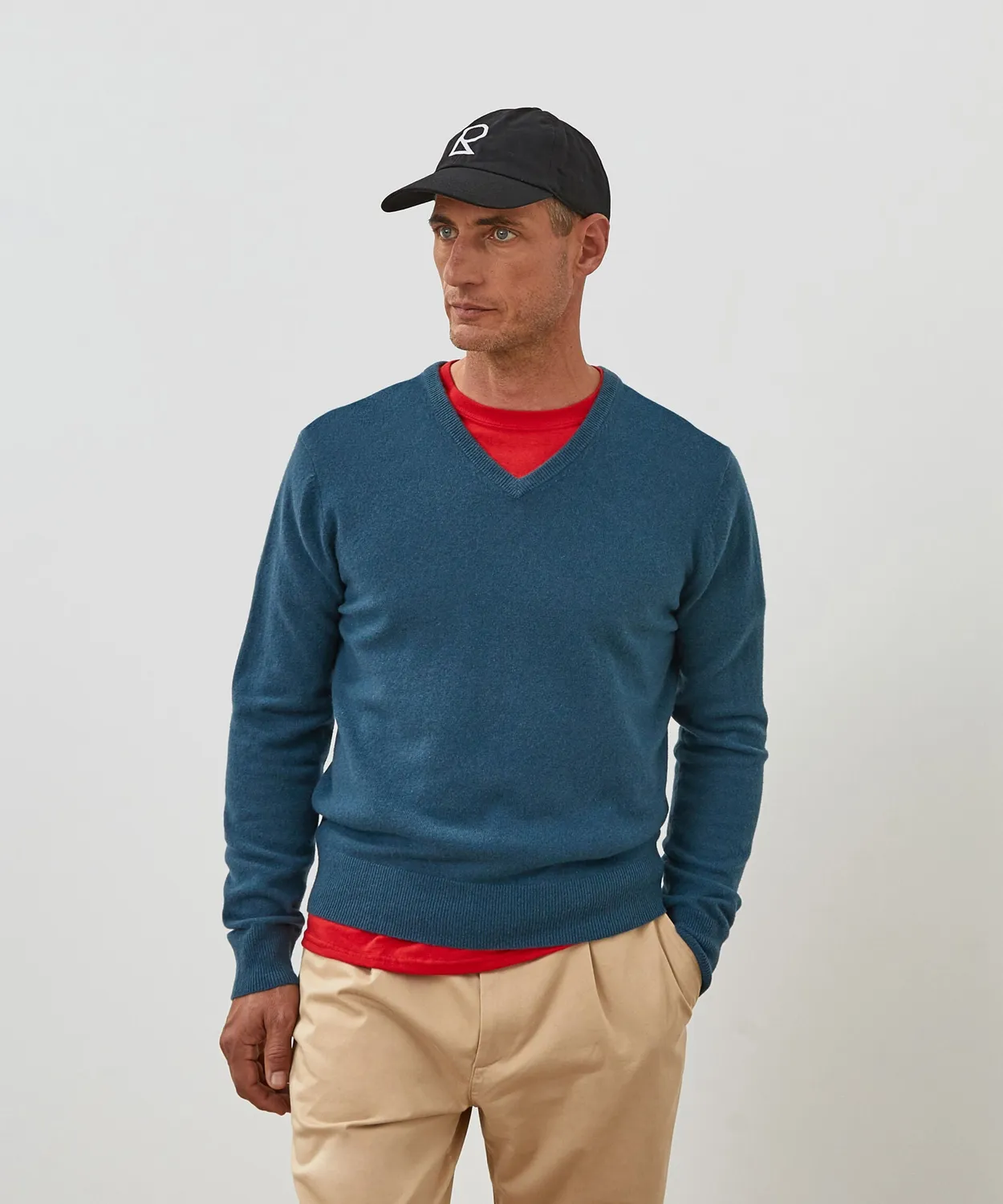 Rodier maglione scollo a V cashmere blu 100% uomo