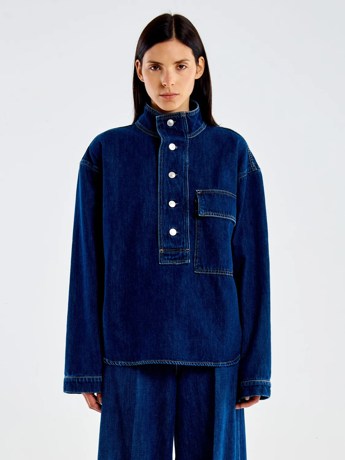 VICOLO Camicia in Jeans con Taschino blu cotone