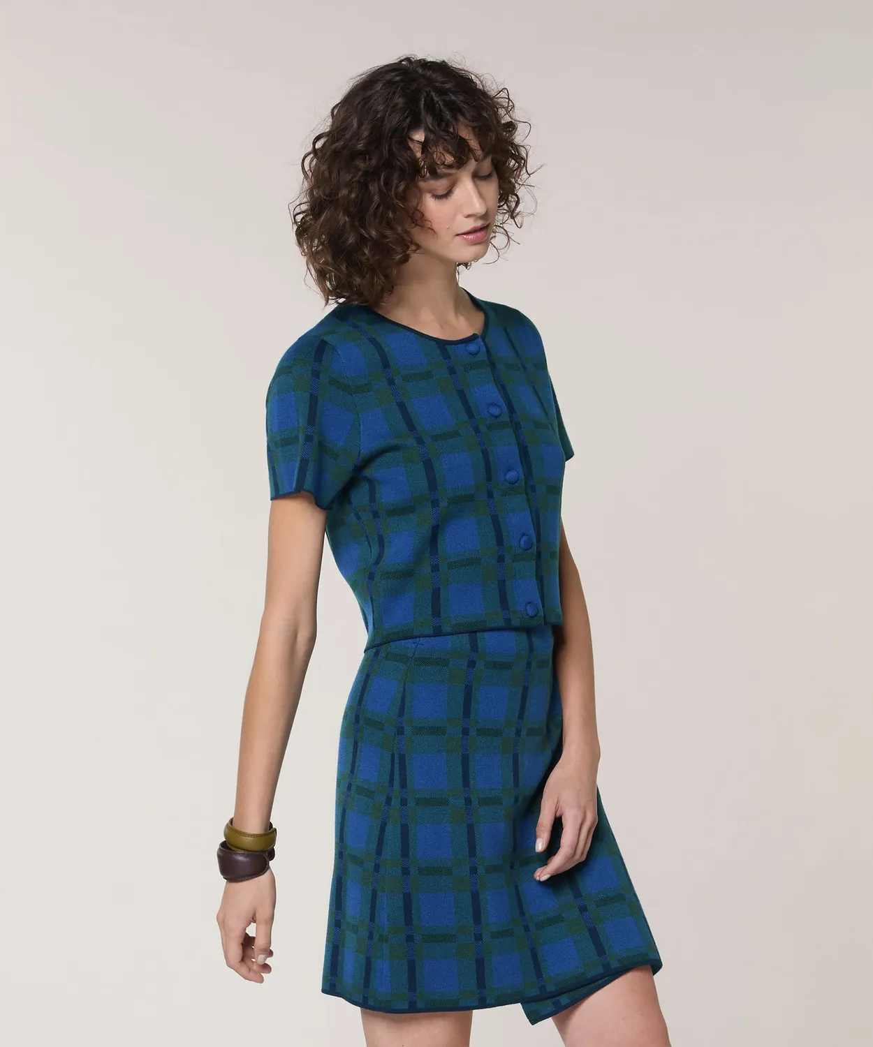 Rodier camicia cropped maglia quadri blu verde bottoni