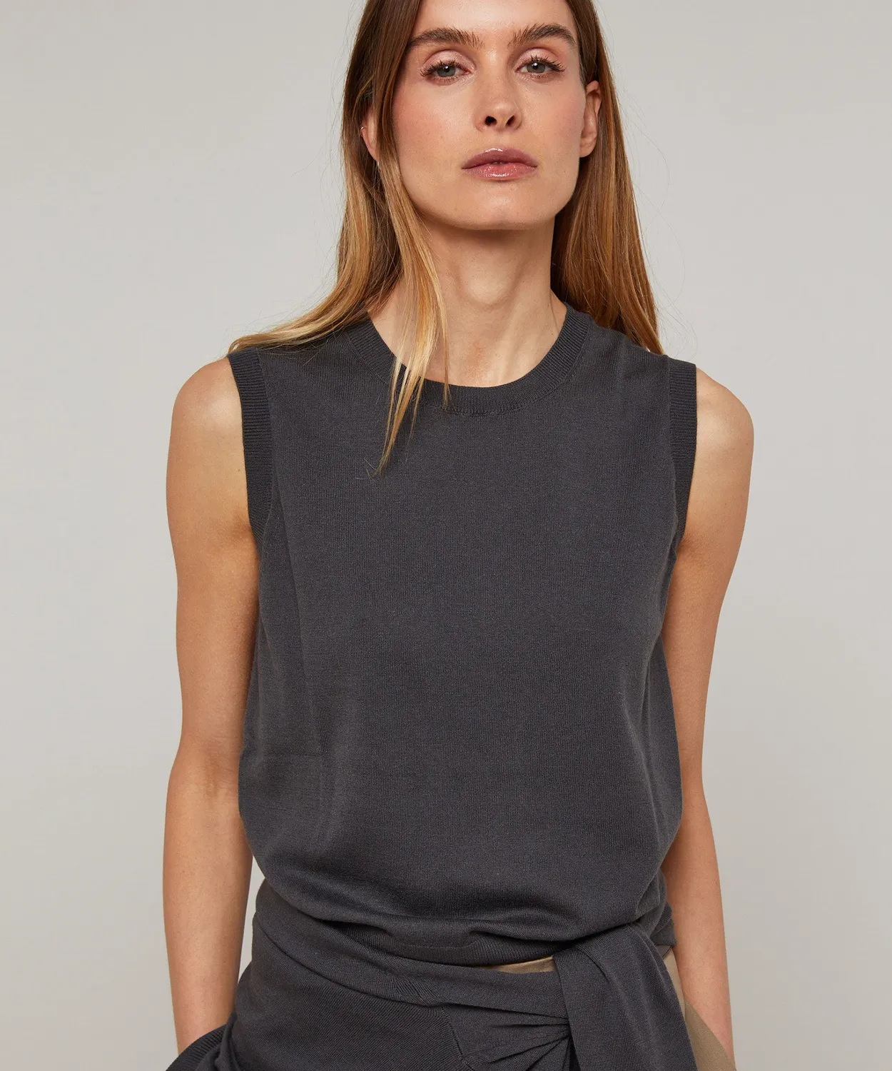 Rodier Twin set girocollo seta grigio scuro cardigan+top