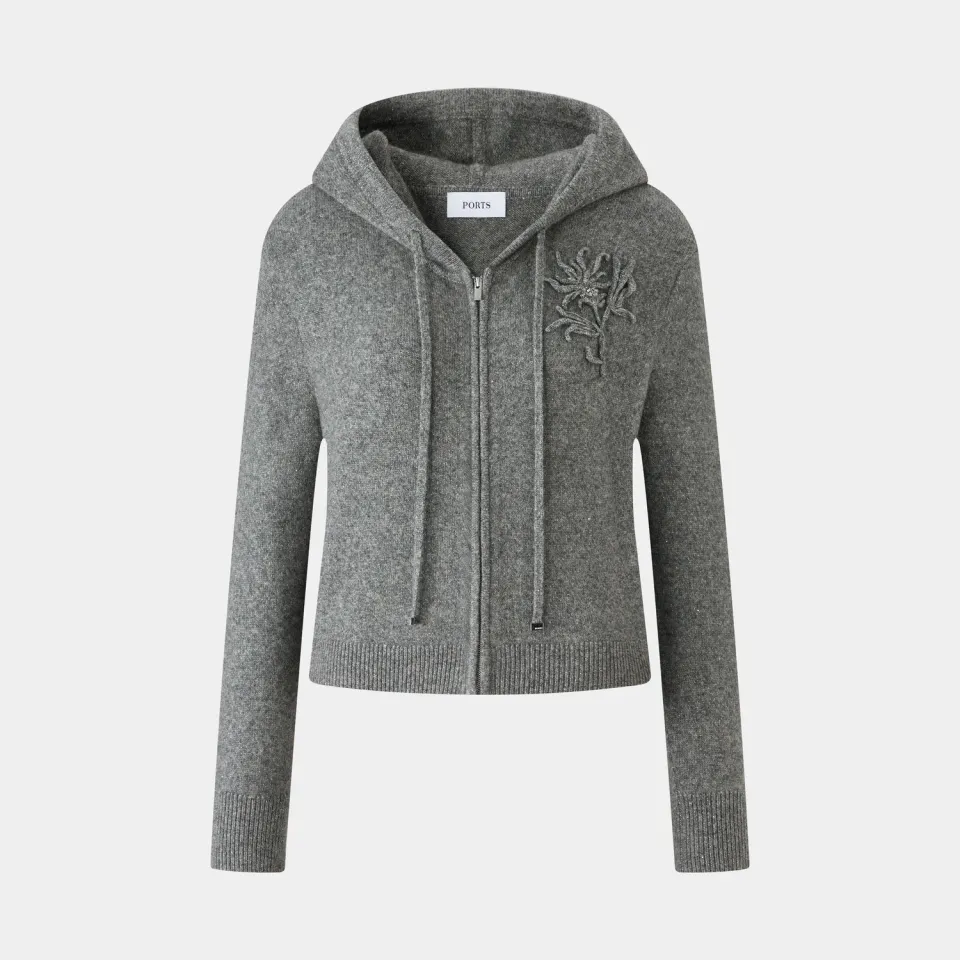 Ports Floral Embroidered felpa cappuccio ricamo floreale zip