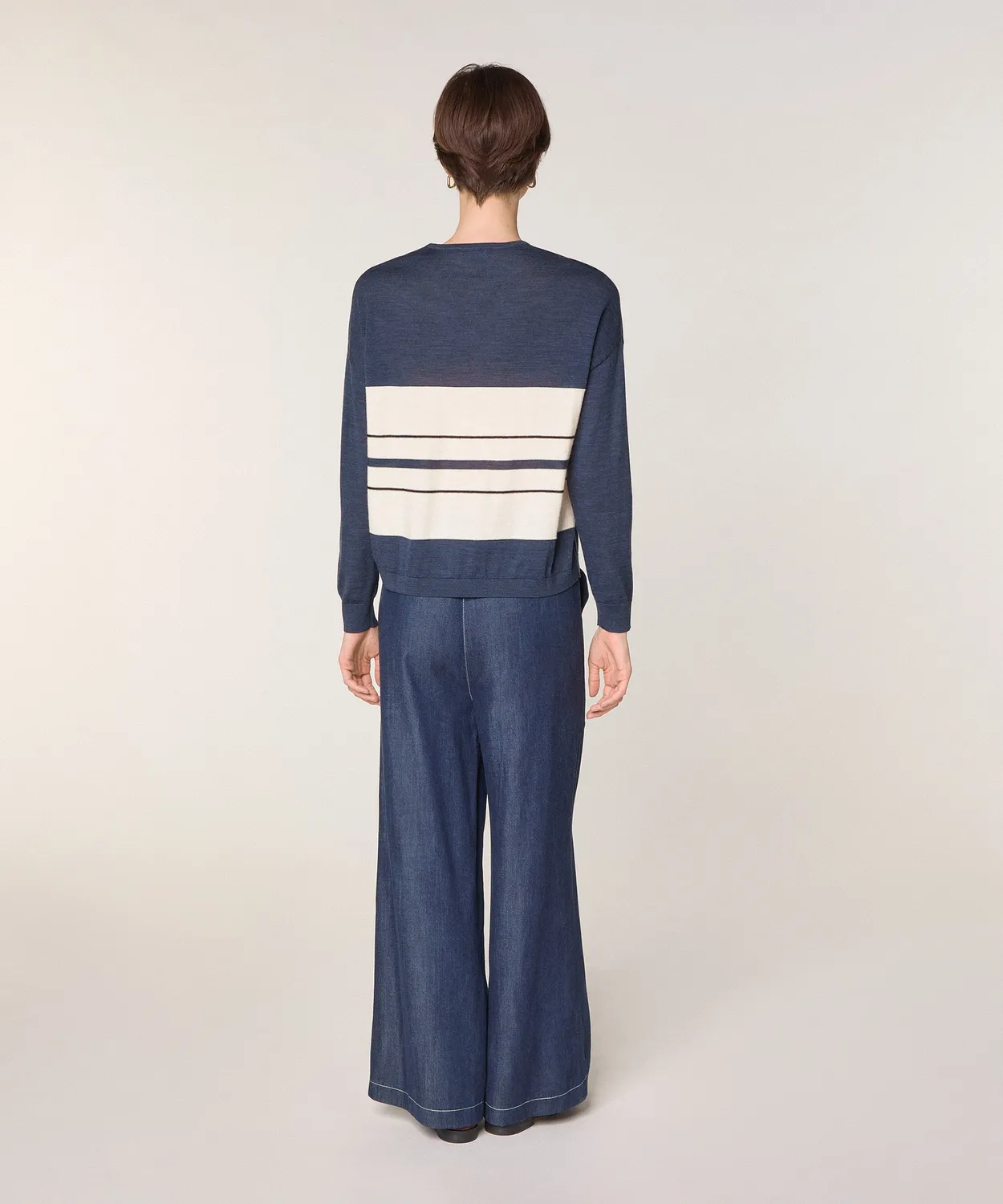 Rodier Maglia Scollo a V Righe Merino Donna Denim Blue