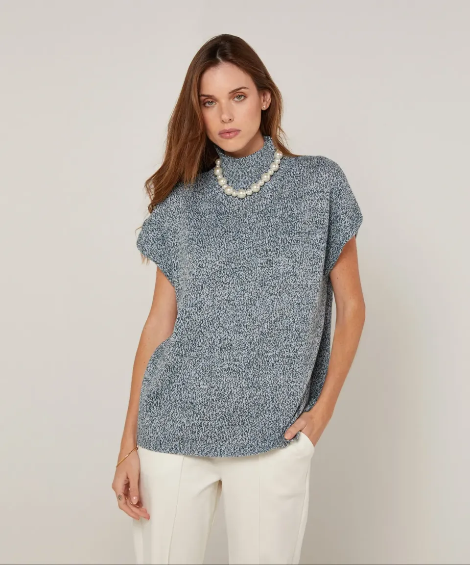 Rodier Erica maglione lungo collo alto maniche corte blu