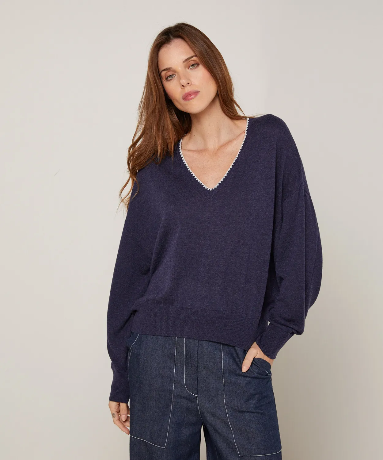 Rodier maglione scollo V maglia fine denim blue taglia M