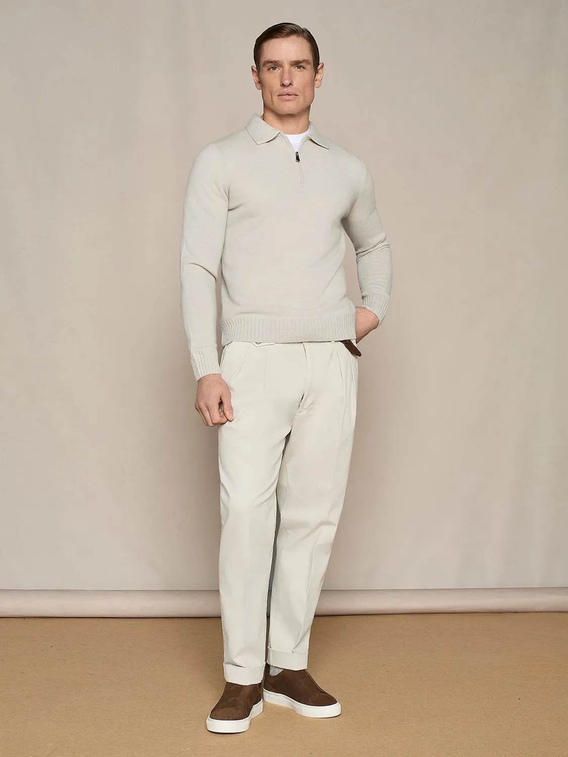 Paul Taylor polo mezza zip misto cashmere burro manica lunga