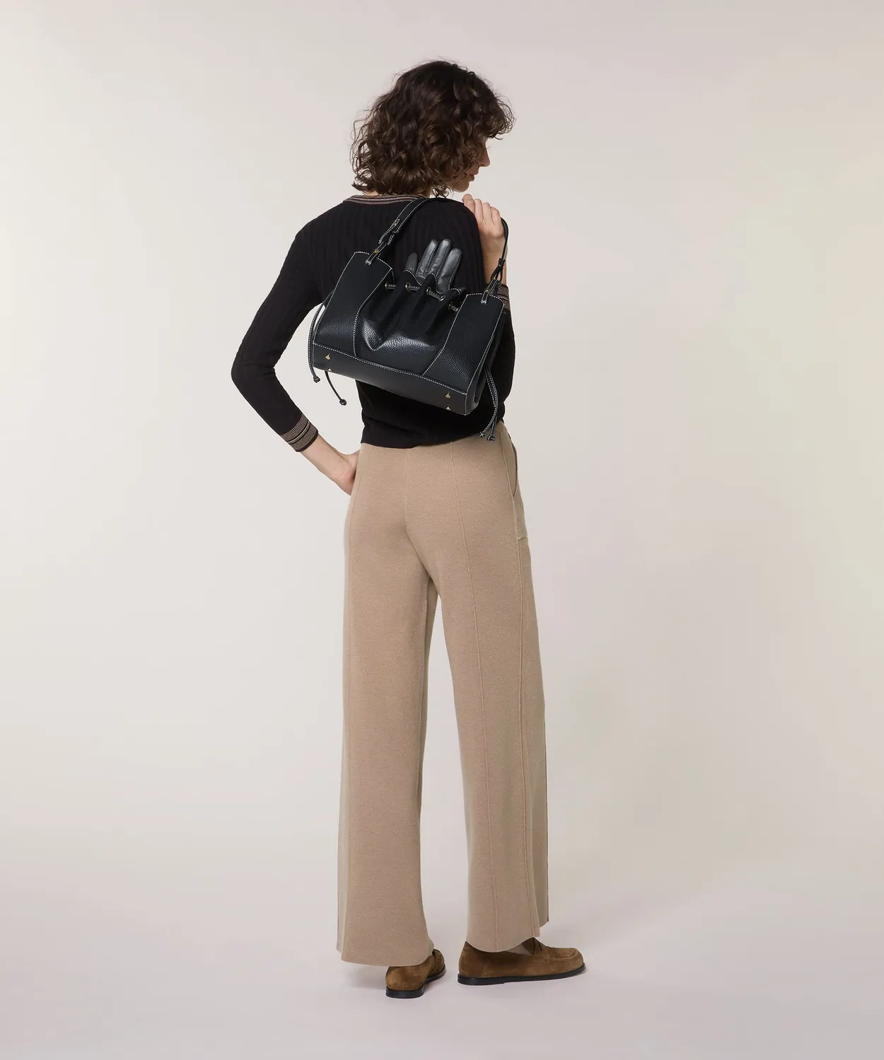 Rodier Pantaloni Larghi Maglia Marrone Moka Vita Elastica