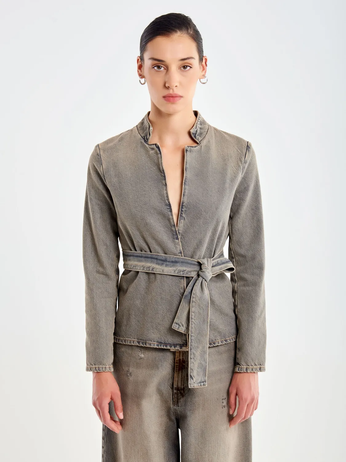 VICOLO Giacca Denim Dirty con Cintura grigio S
