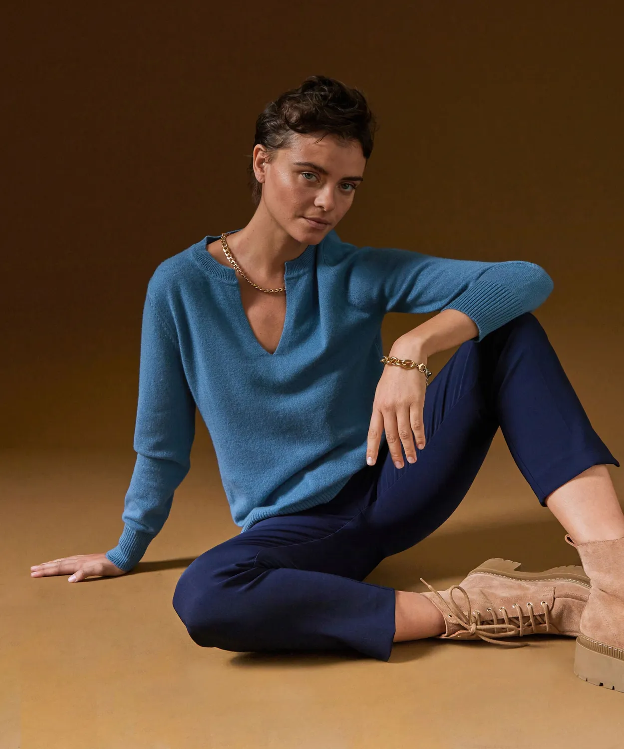 Rodier Maglione collo tunisino cashmere blu azzurro