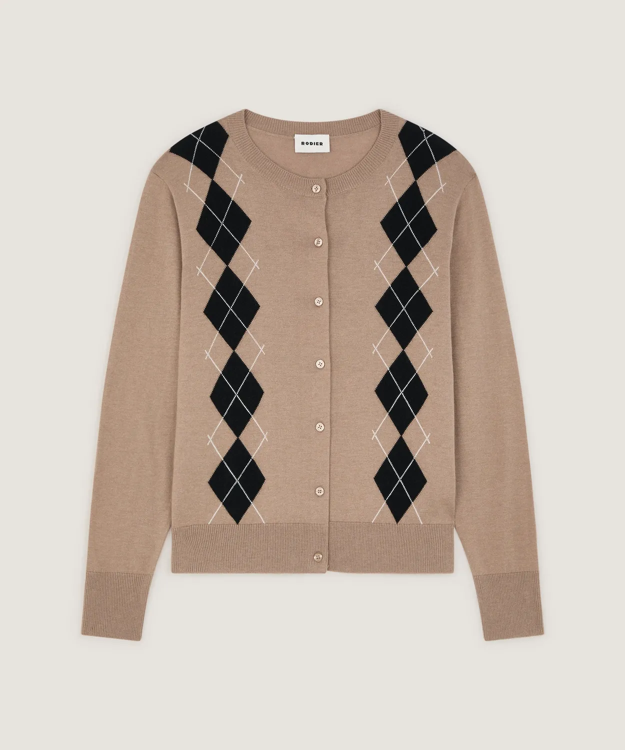 Rodier cardigan jacquard rombi maglia fine marrone moka