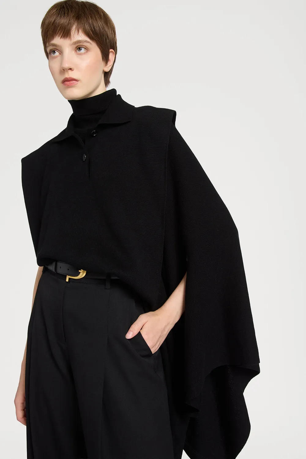 Ports 1961 Turtleneck Cape maglione nero reversibile lana seta