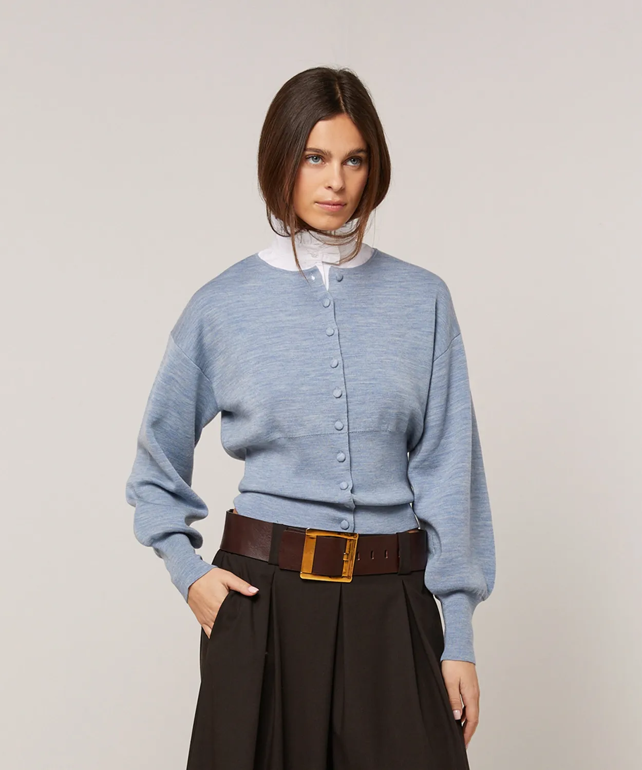 Rodier Cardigan Corto Lana Celeste Maniche Sbuffo