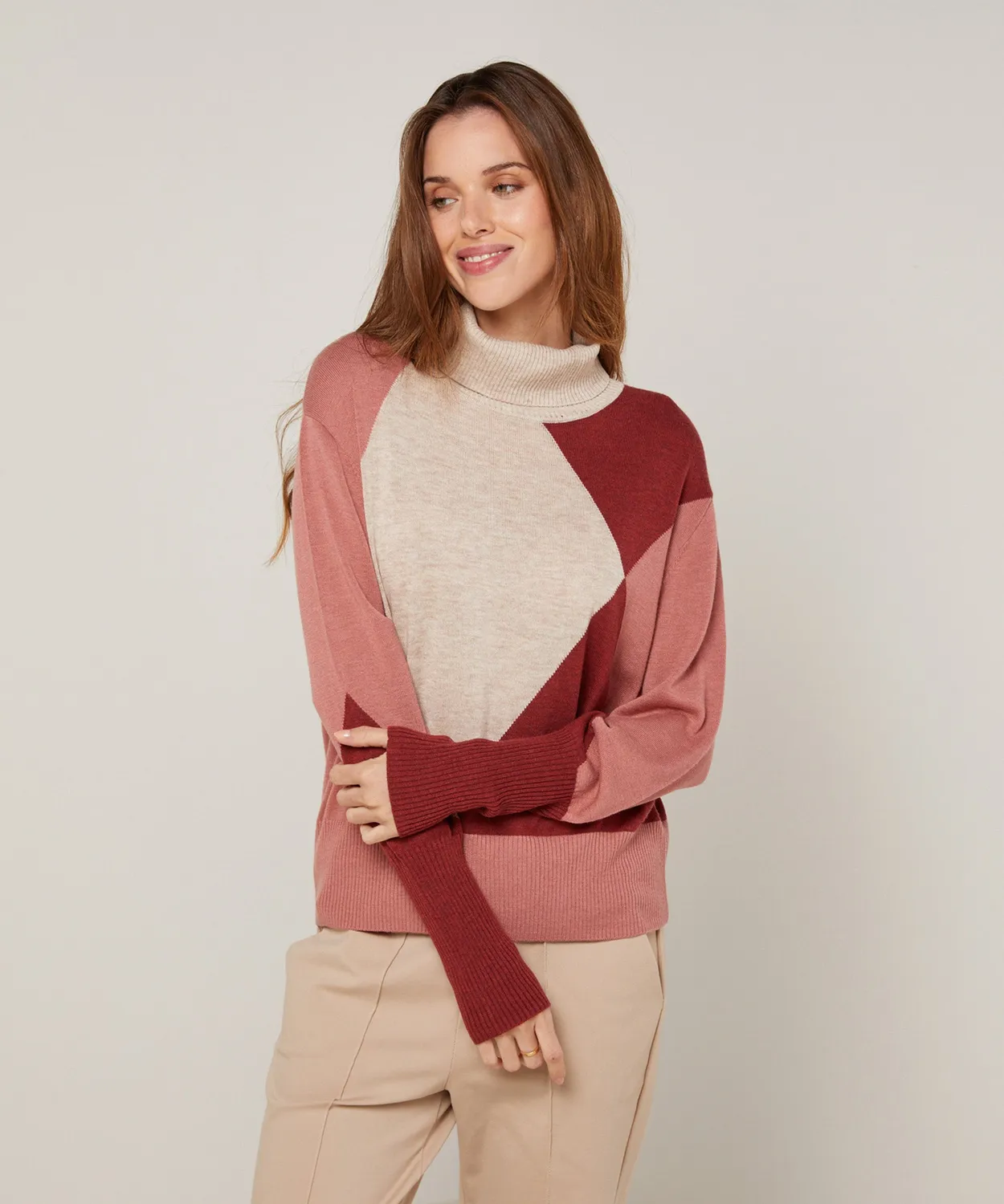 Rodier maglione dolcevita colorblock beige