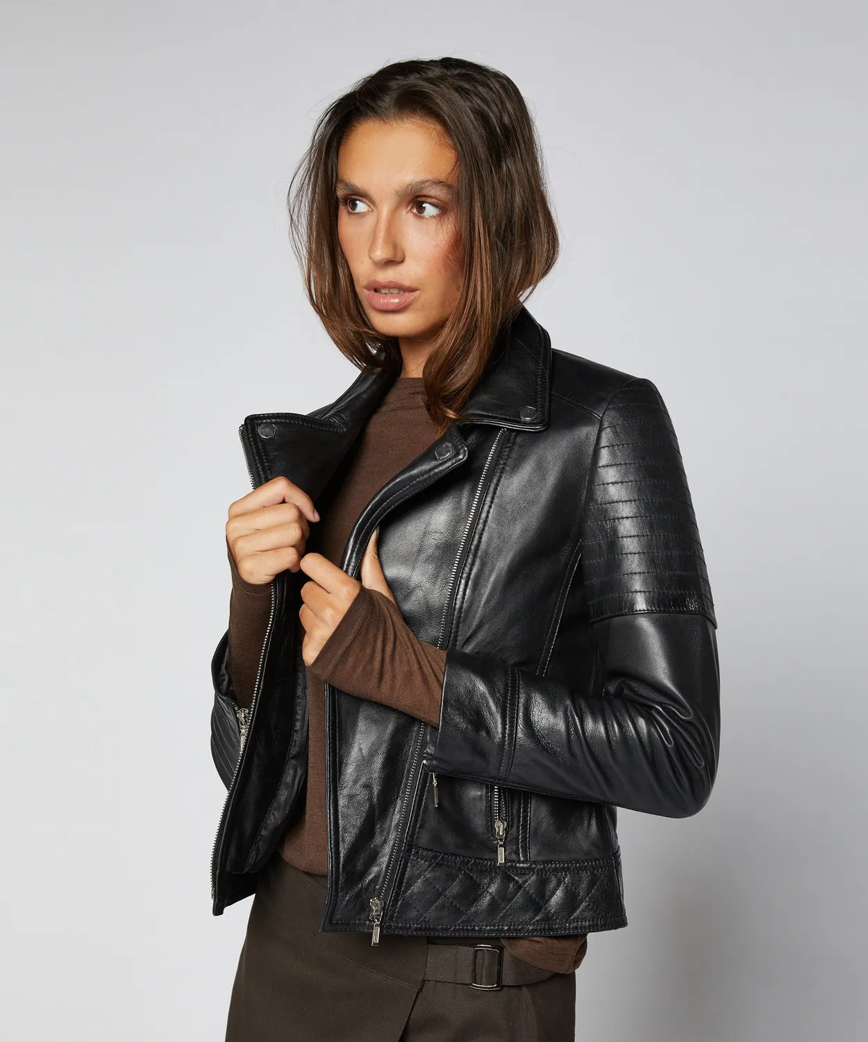 Rodier Chiodo pelle nera biker slim donna 38-46