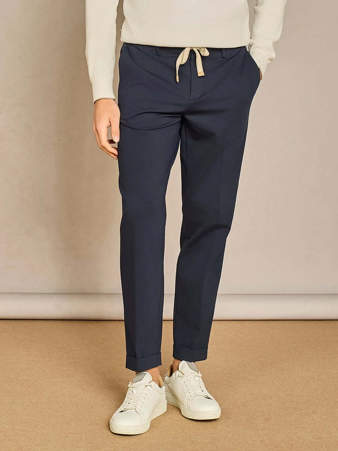 Paul Taylor Pantalone Laccio Jersey Blu Wide Risvolto 3,5 cm