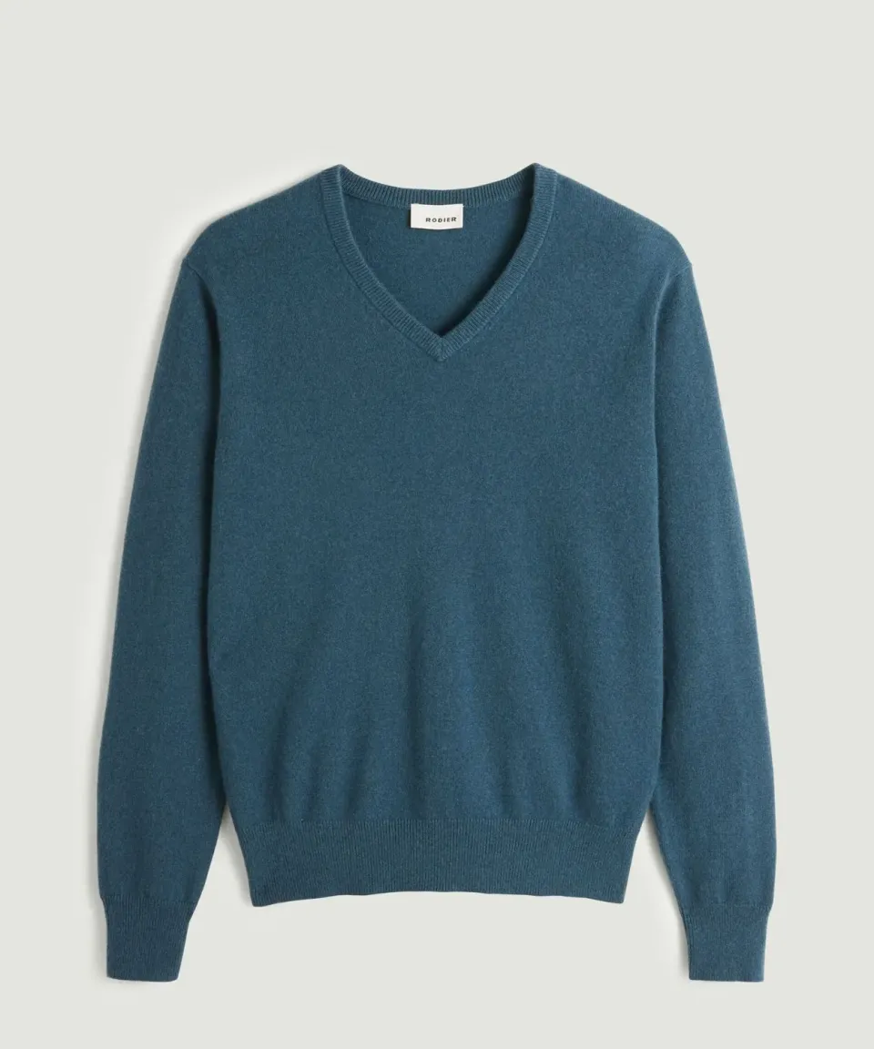 Rodier maglione scollo a V cashmere blu 100% uomo