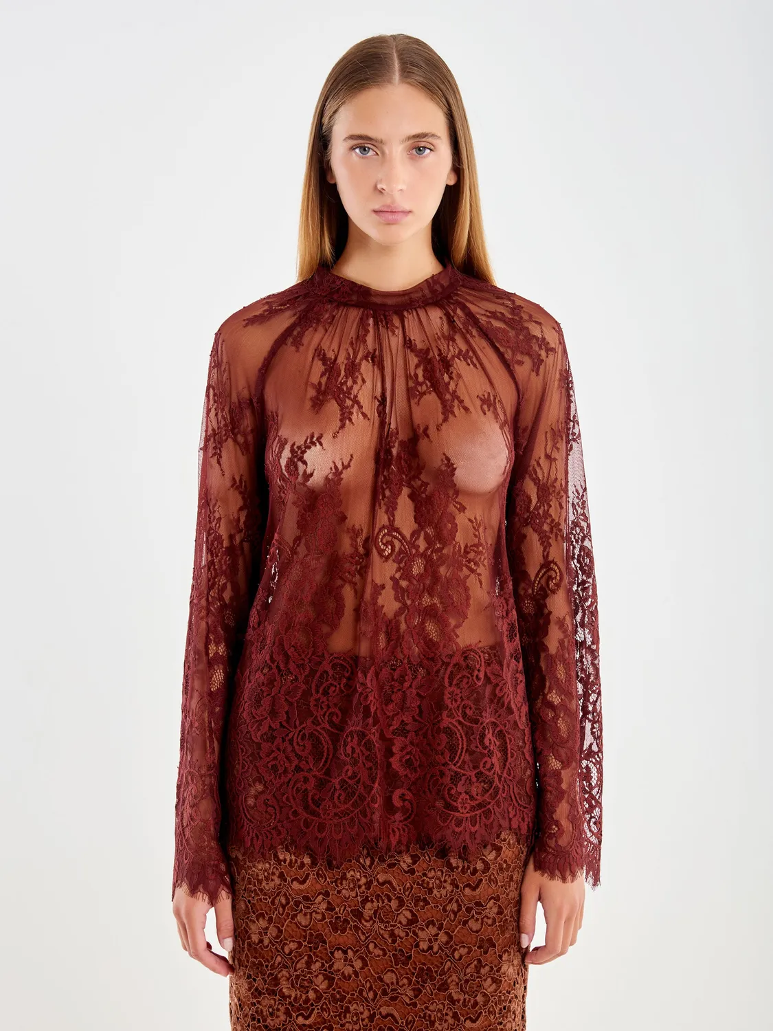 Vicolo Blusa Pizzo Collo Alto Bordeaux Maniche Lunghe