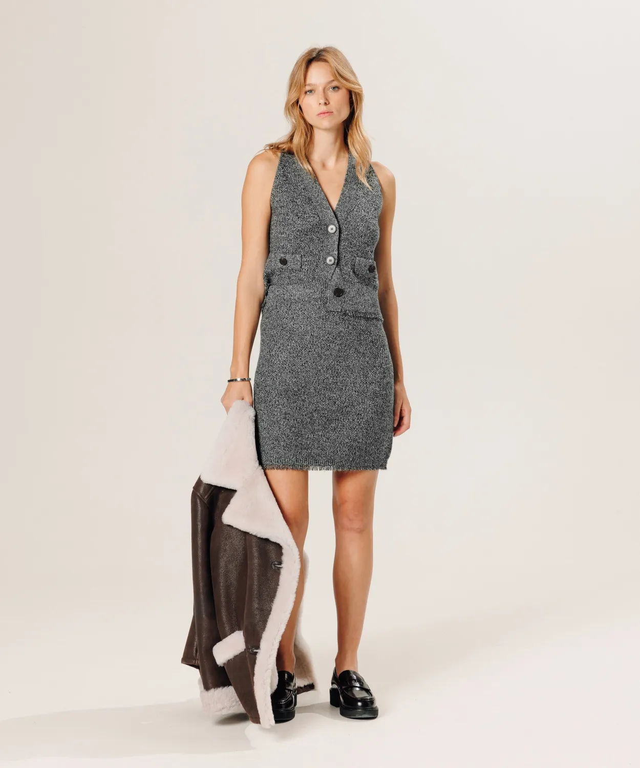 Rodier Gonna Corta Lana Cashmere Grigio Chine