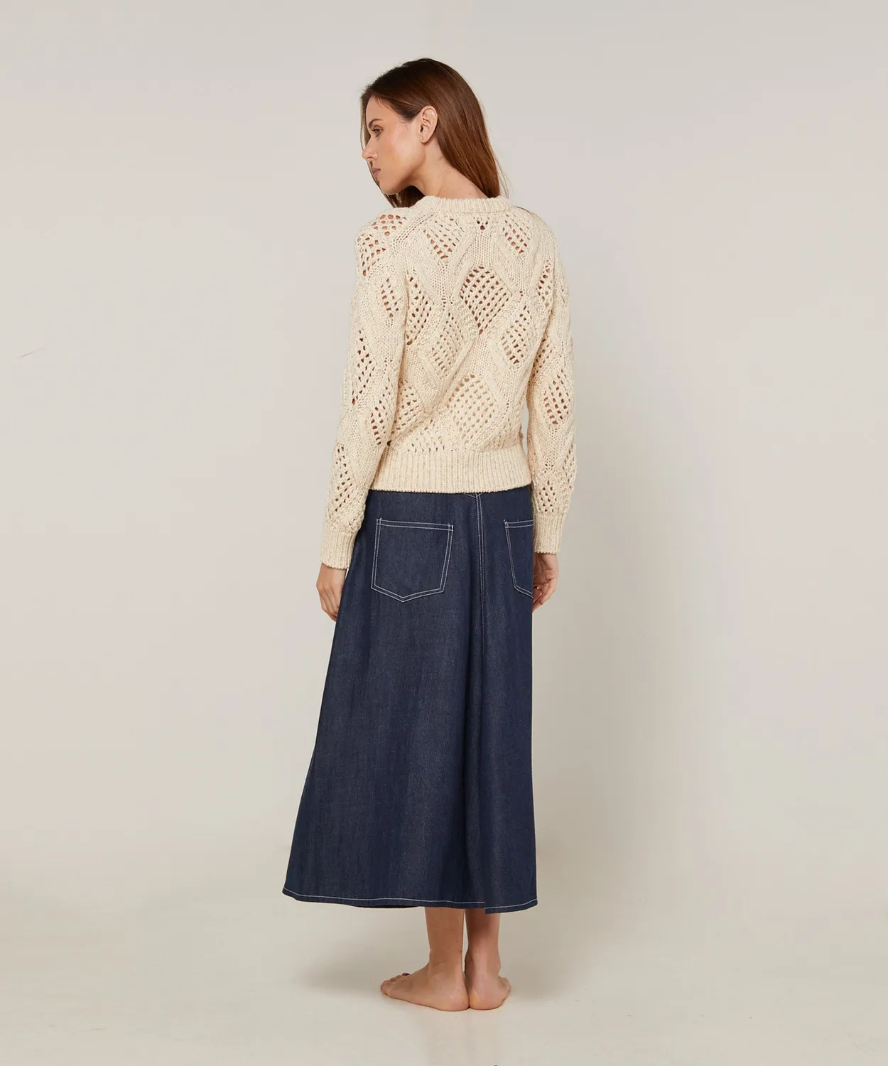 Rodier Maglia Traforata Maglione Avorio Cotone Lana