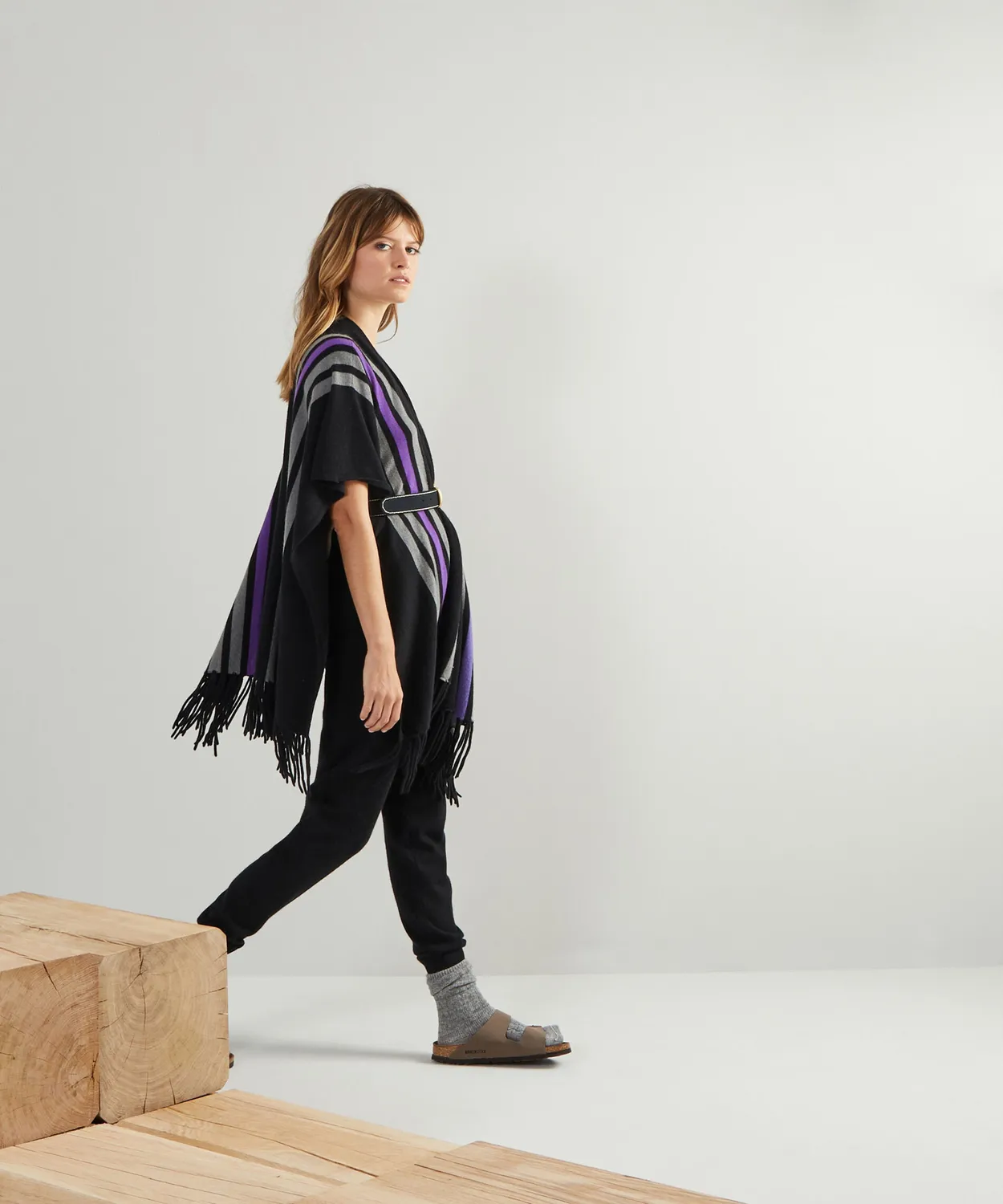 Rodier stola in cashmere 2 fili con frange nera