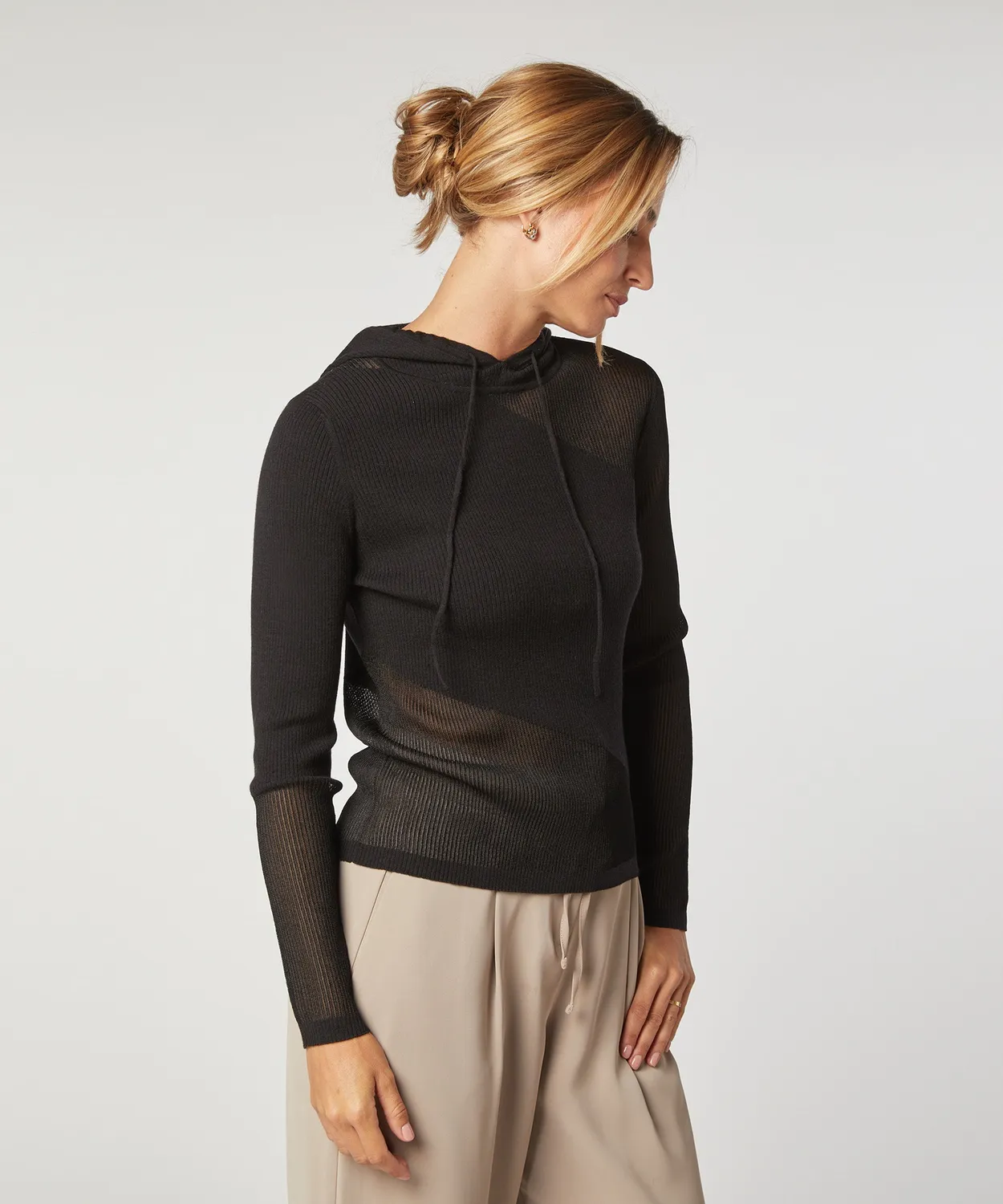 Rodier Felpa Donna con Cappuccio Lana Nera Trasparenze