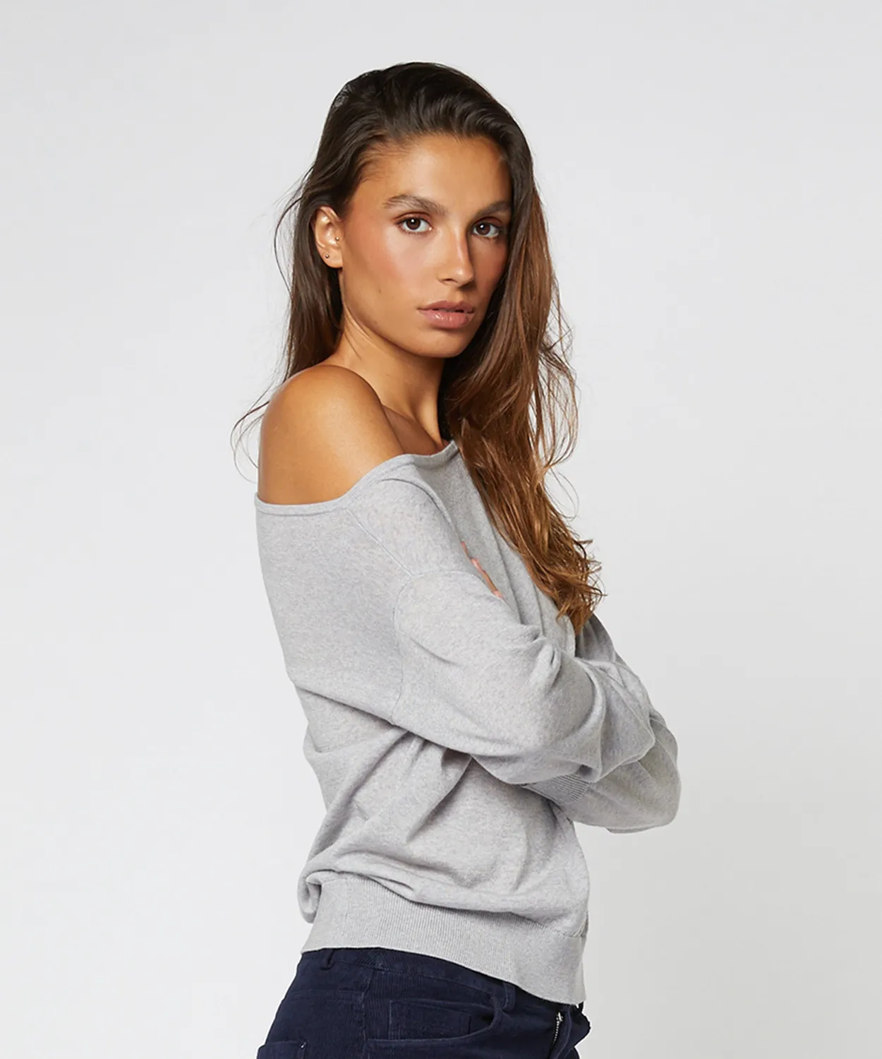 Rodier pull lana scollo barca grigio chiaro ampio
