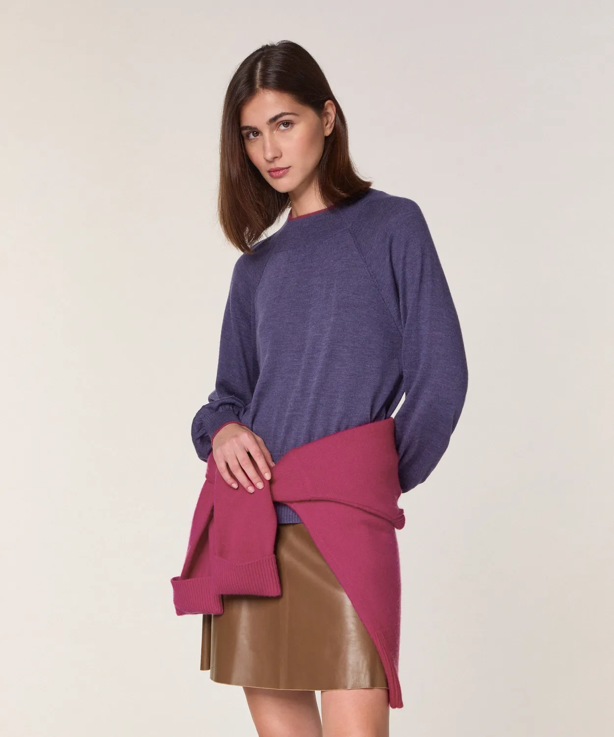 Rodier maglia girocollo merino viola profili contrasto