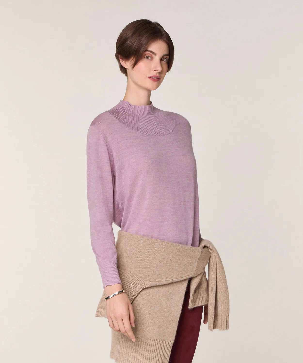 Rodier maglione collo alto lana merino rosa confetto maglia fine