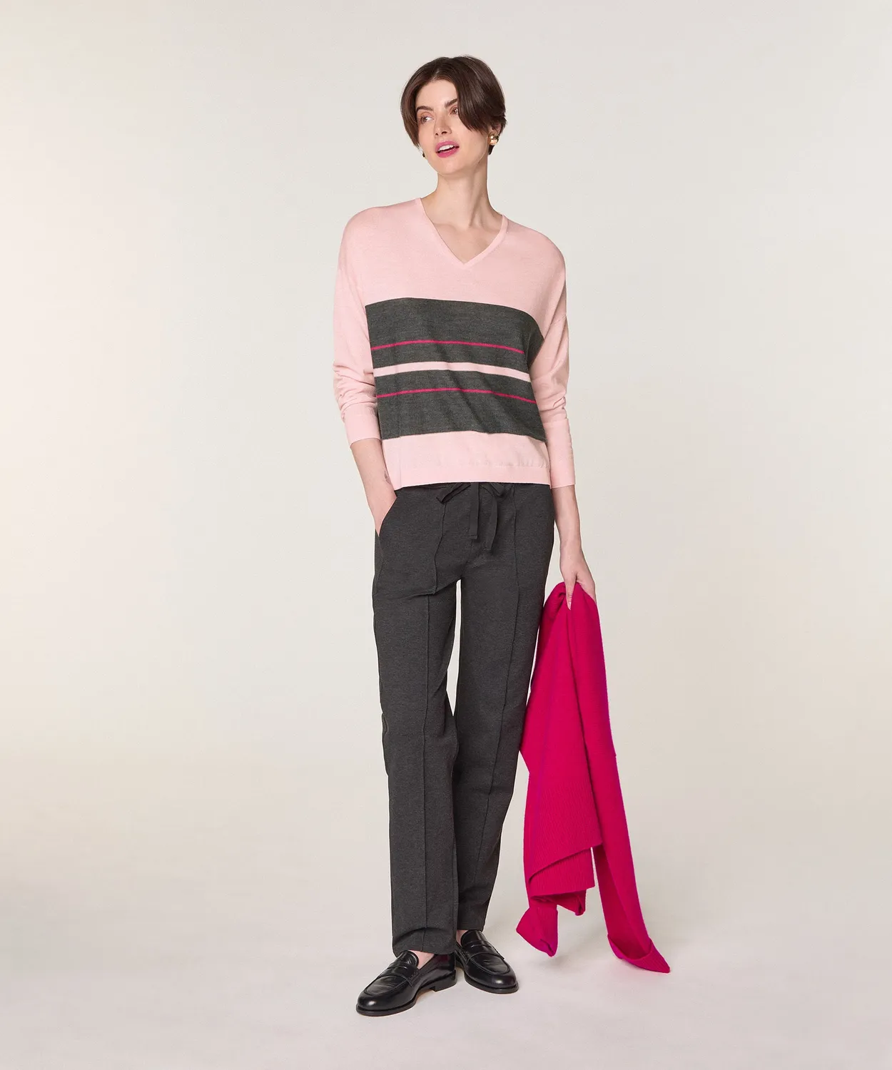 Rodier maglione scollo V righe merino rosa perla