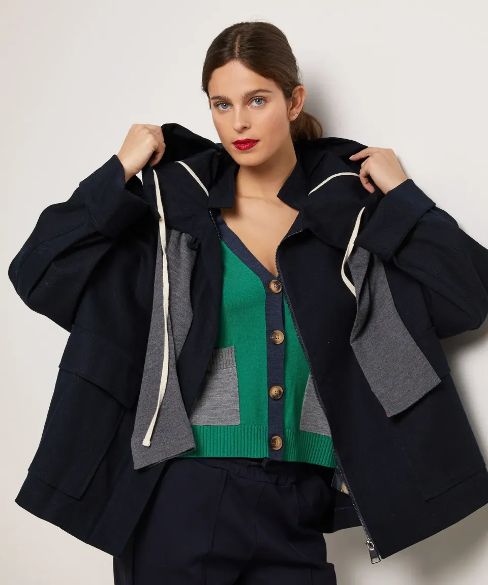 Rodier giacca oversize cappuccio cotone blu navy