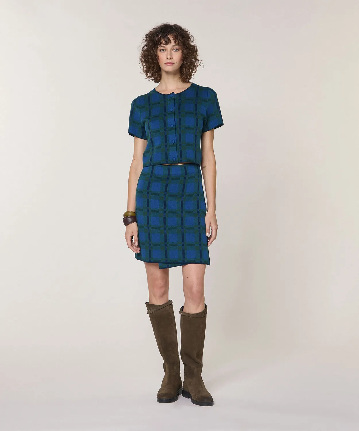Rodier camicia cropped maglia quadri blu verde bottoni