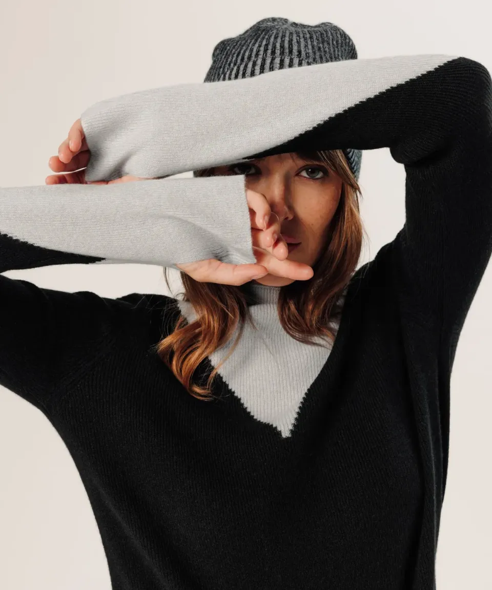 Rodier Maglione Cashmere Trompe l'Oeil Nero Collo Alto