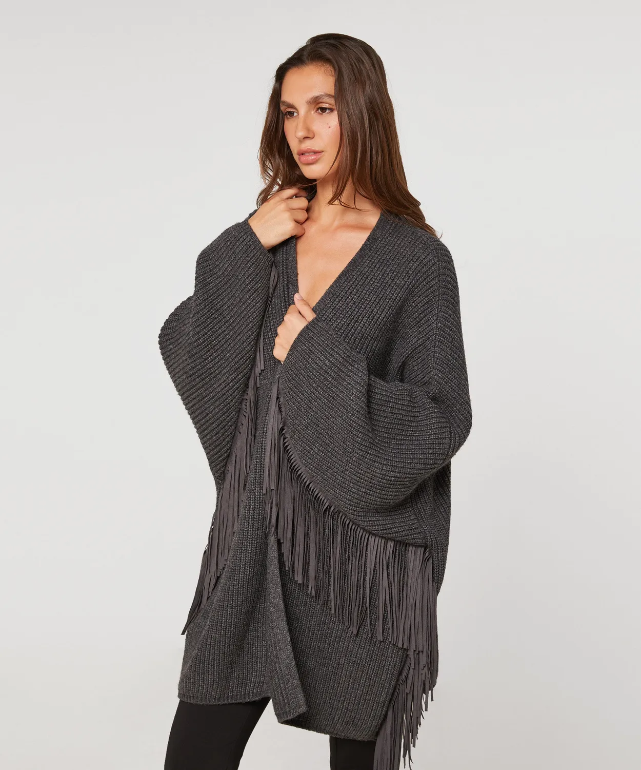 Rodier Cardigan Oversize Frange Lana Grigio Antracite
