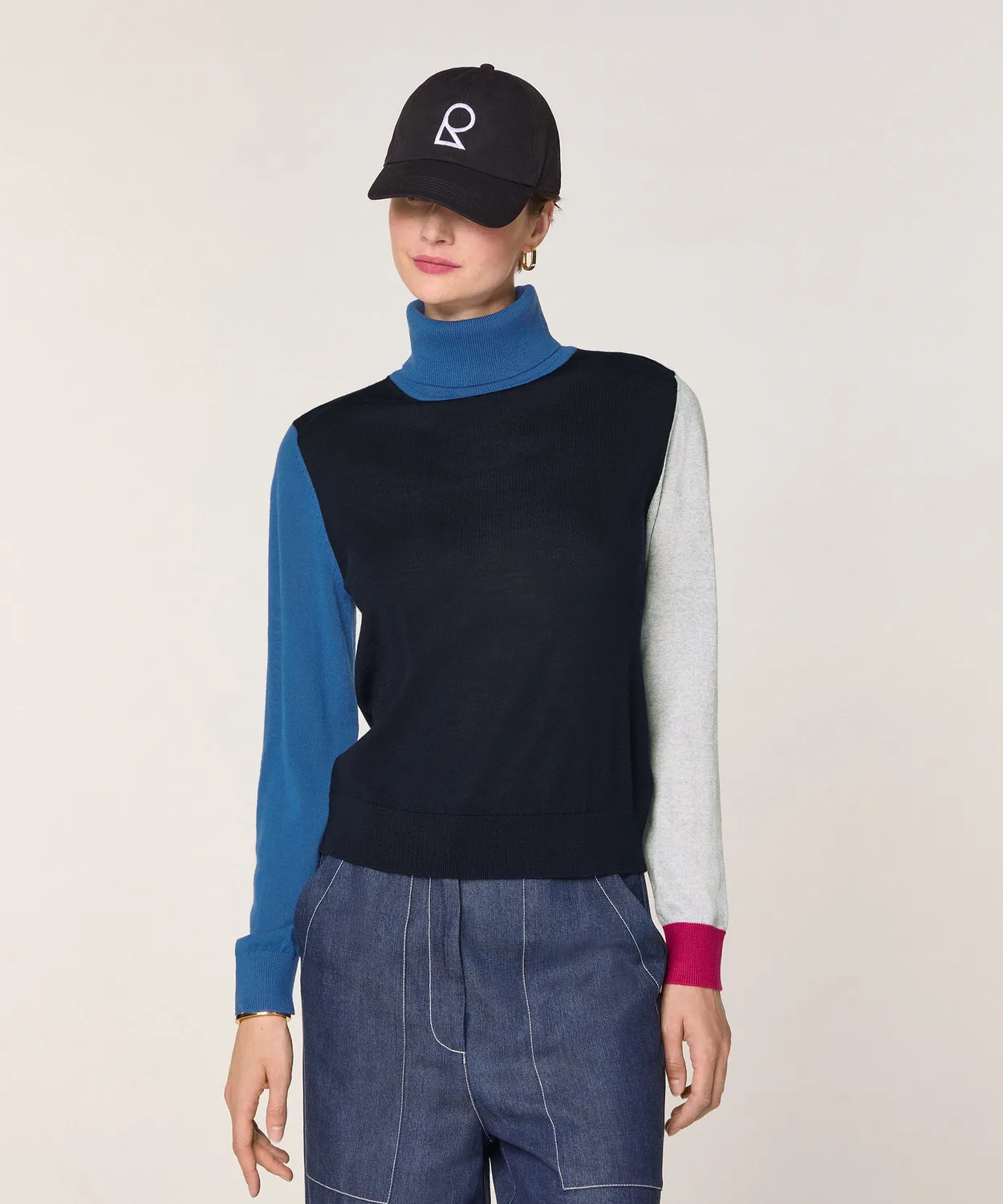 Rodier maglione dolcevita color block blu navy merino