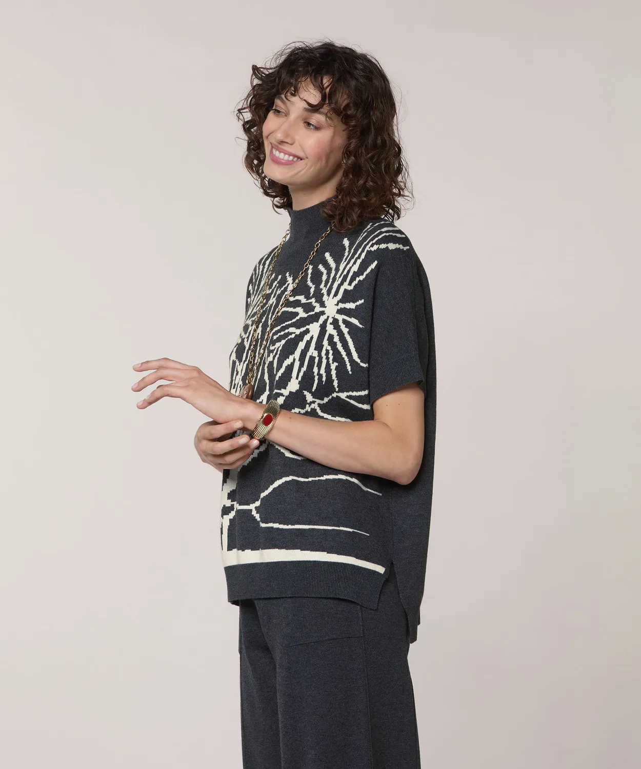 Rodier Jacquard collo alto top grigio scuro maniche corte