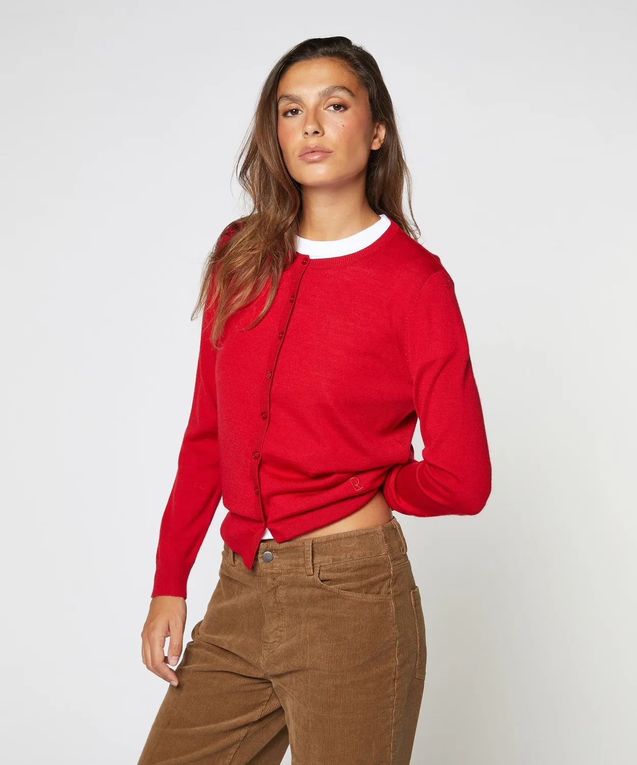 Rodier Cardigan lana merino rosso girocollo maglia fine