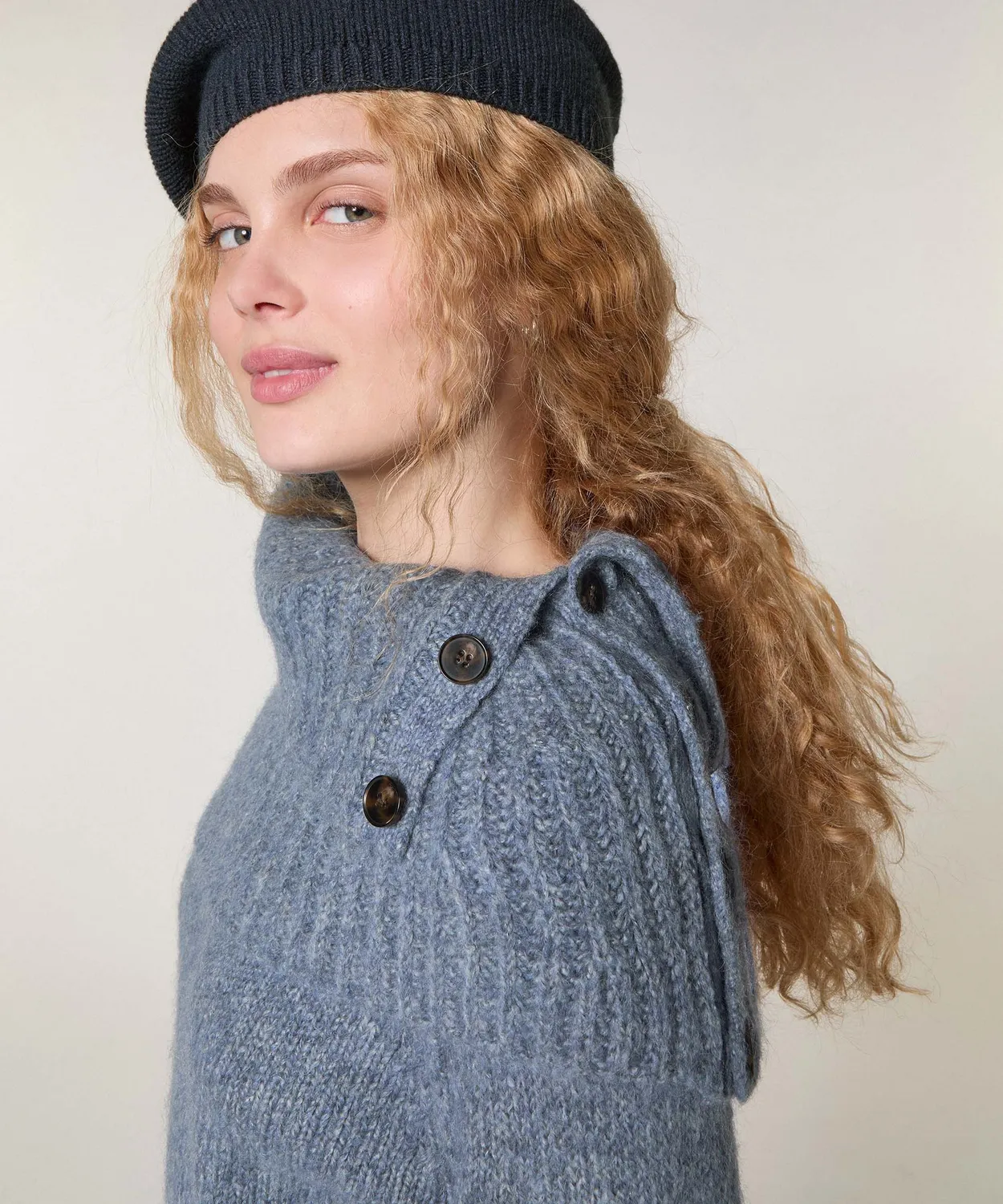 Rodier Scaldacollo Maglia Grossa Donna Blu con Bottoni