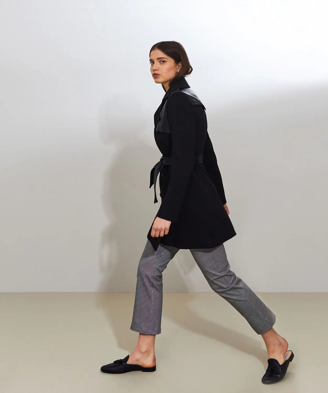 Rodier Trench bimateriale in pelle nero al ginocchio