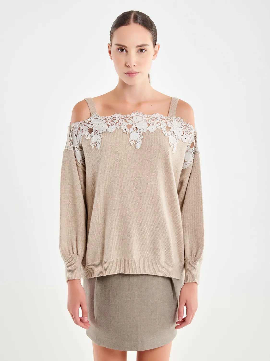 Vicolo Maglia Spalline Pizzo beige maniche lunghe taglia unica