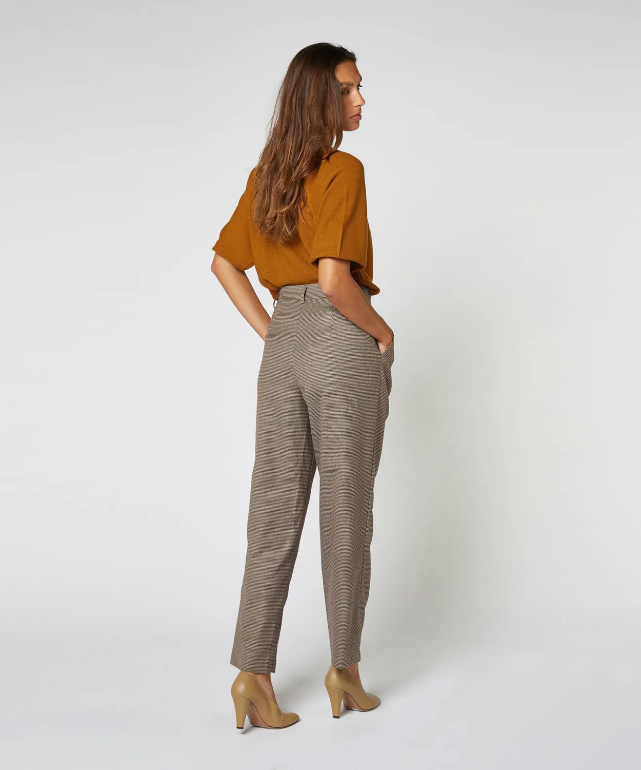 Rodier Pantaloni pied-de-poule marrone vita alta carota