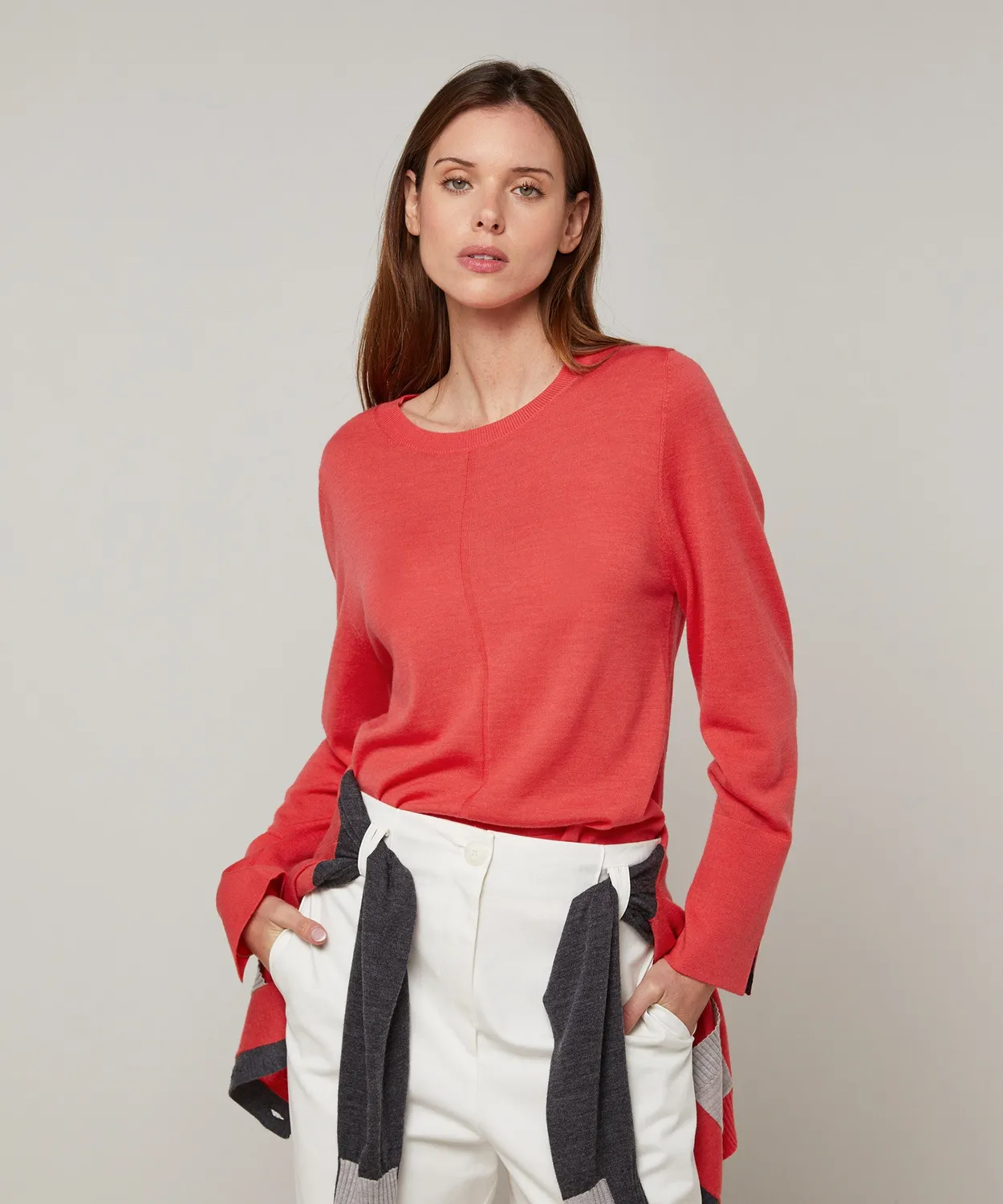 Rodier maglione girocollo lana merino corallo leggero