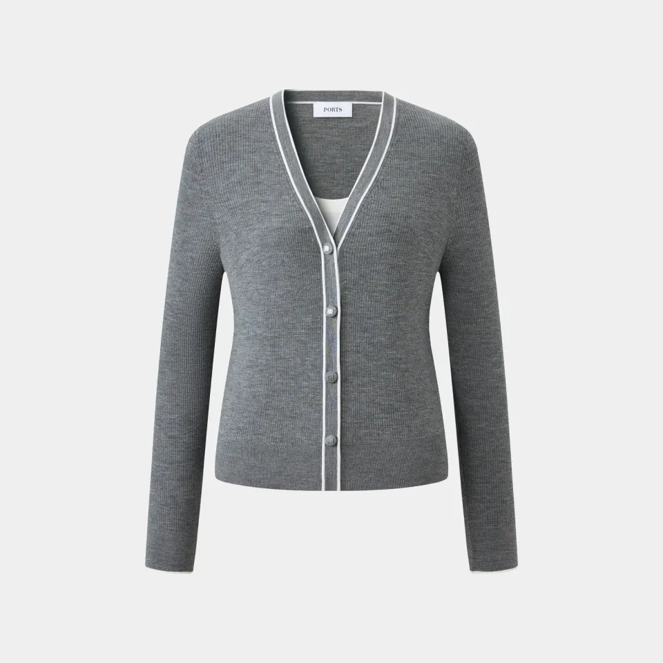 PORTS FW25 Sleet cardigan grigio bordi a contrasto