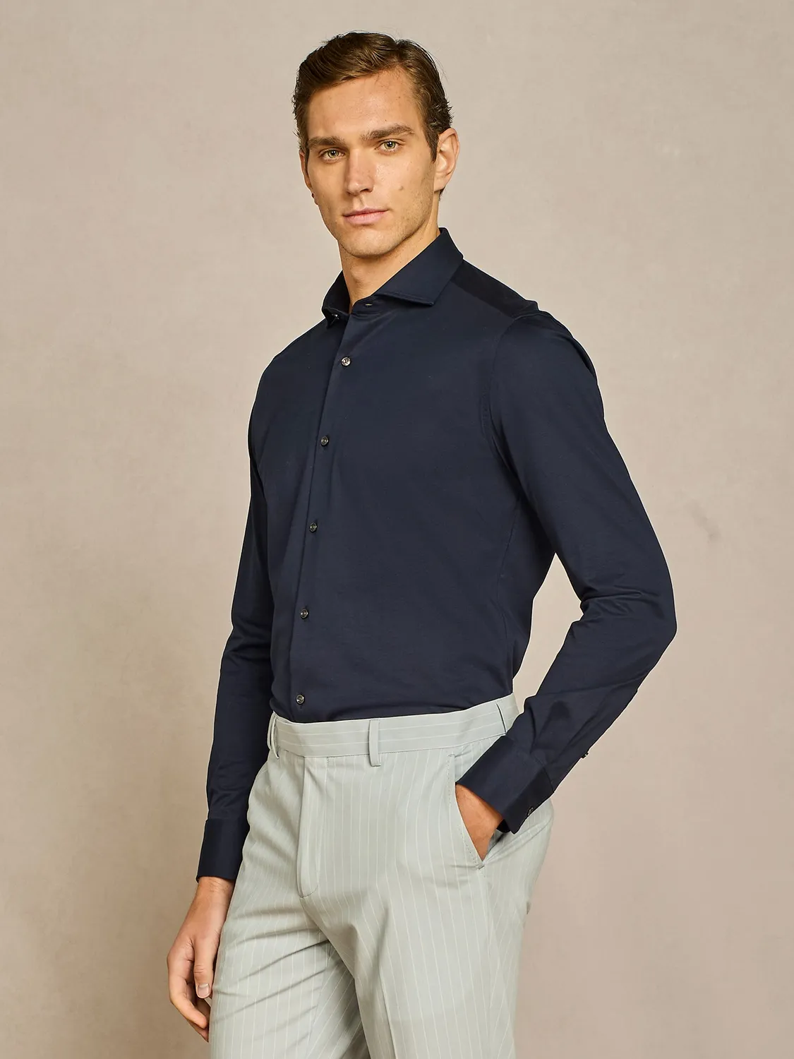 Paul Taylor camicia jersey cotone blu senza impunture