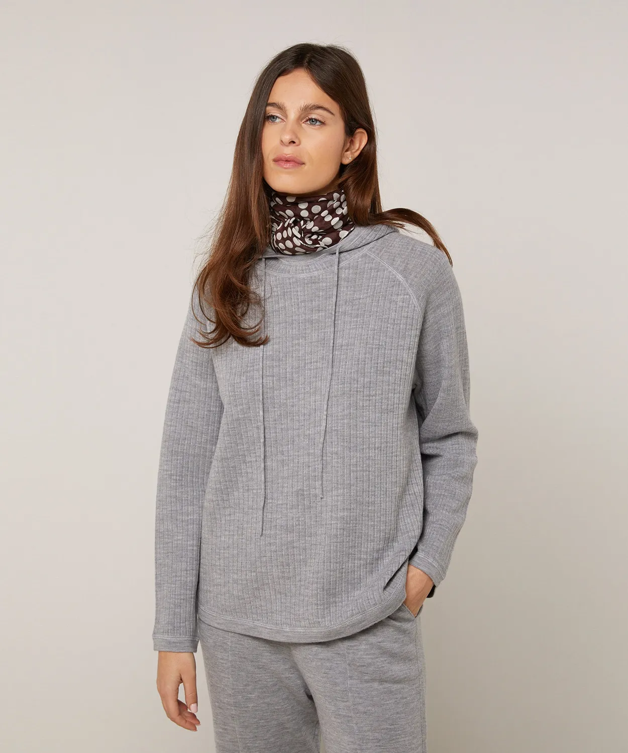 Rodier Maglione Cappuccio Grigio Chiaro a Coste