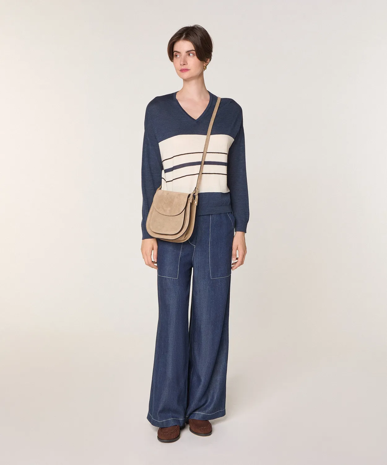 Rodier Maglia Scollo a V Righe Merino Donna Denim Blue