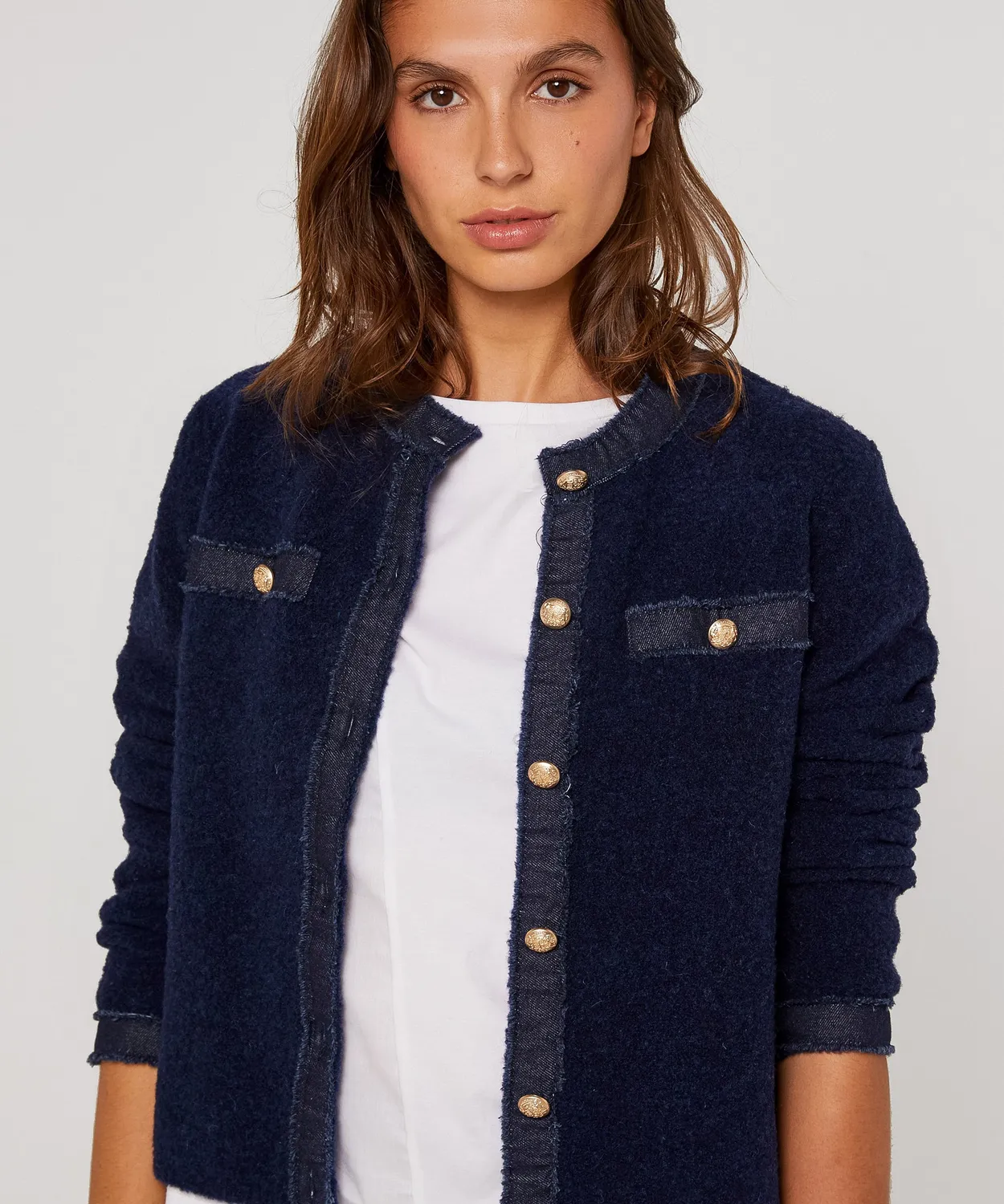Rodier Cardigan bimateriale blu navy bottoni dorati