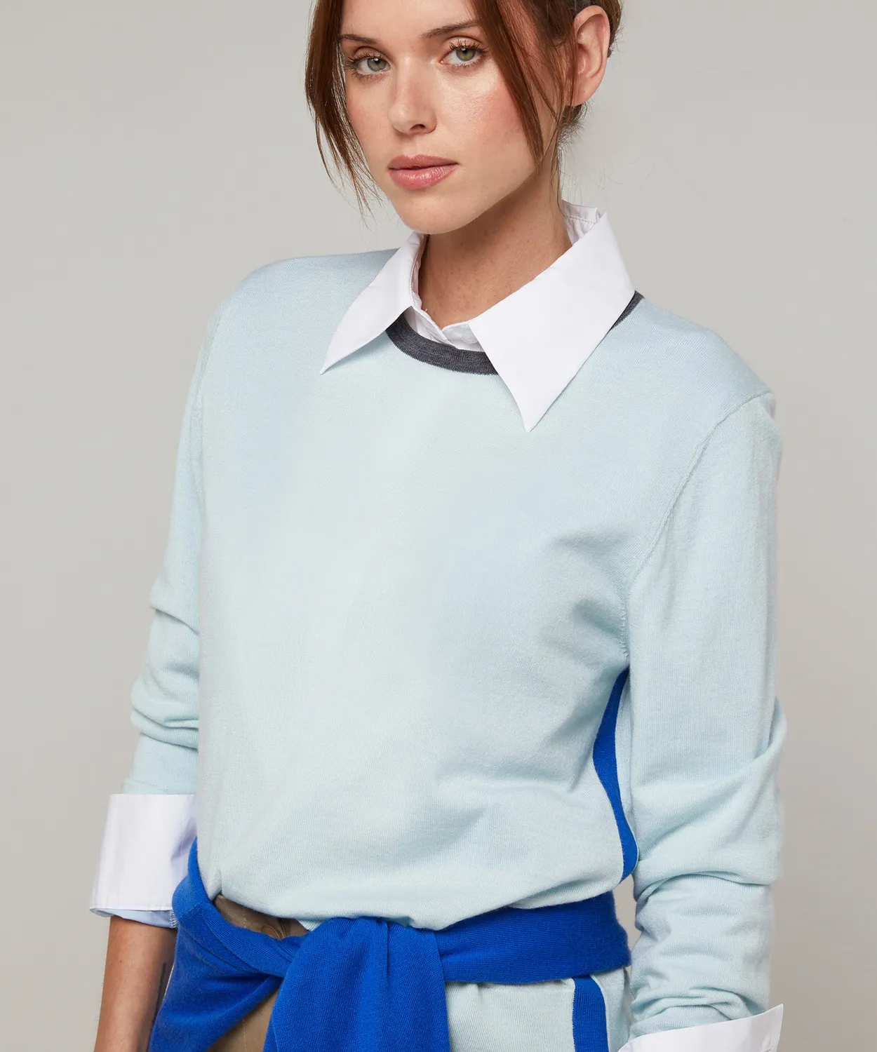 Rodier maglia tricolore girocollo lana merino turchese chiaro