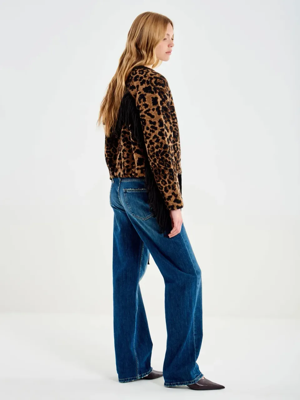 Vicolo cardigan leopardato con frange nero