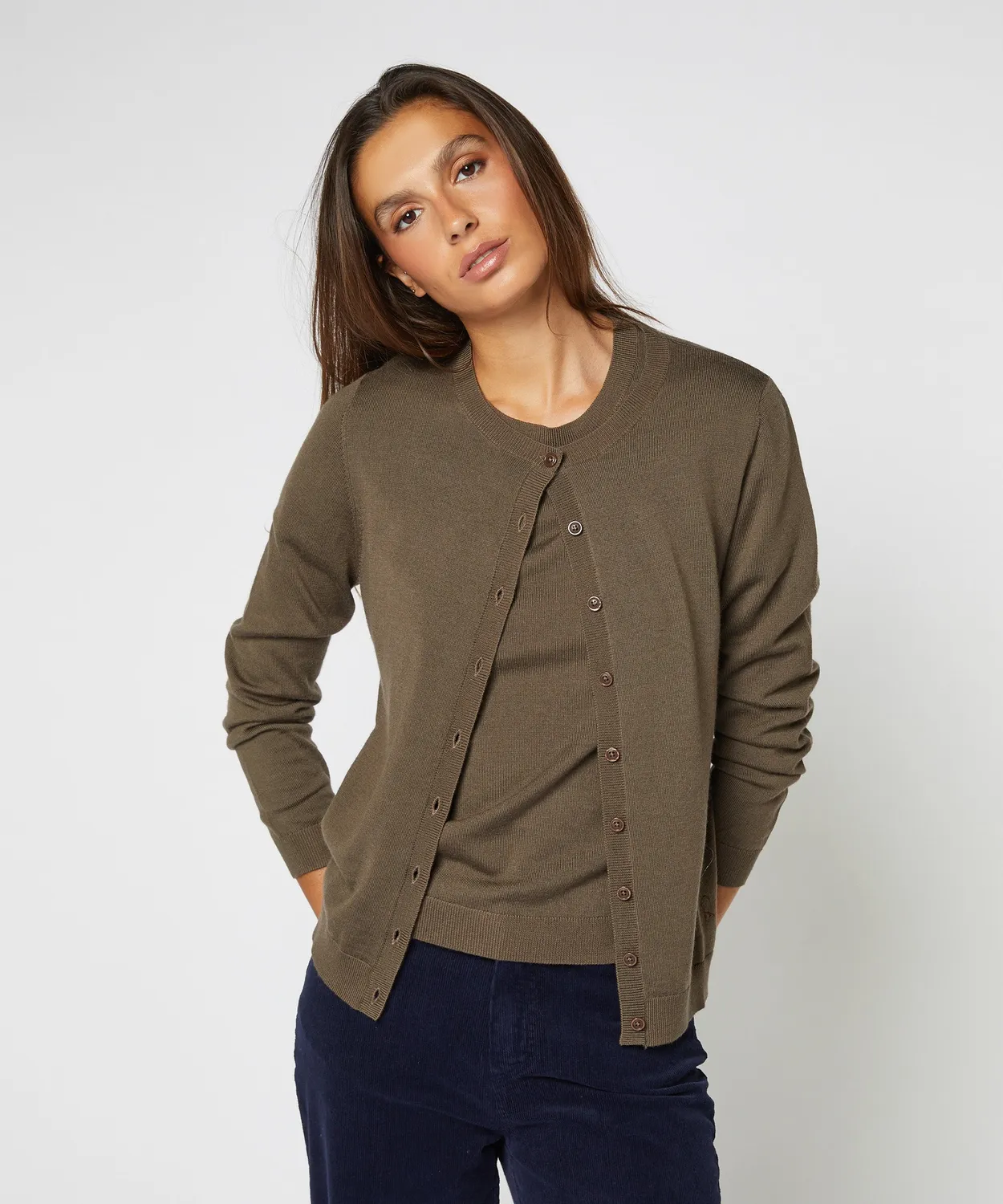 Rodier twin-set lana merino kaki cardigan pullover