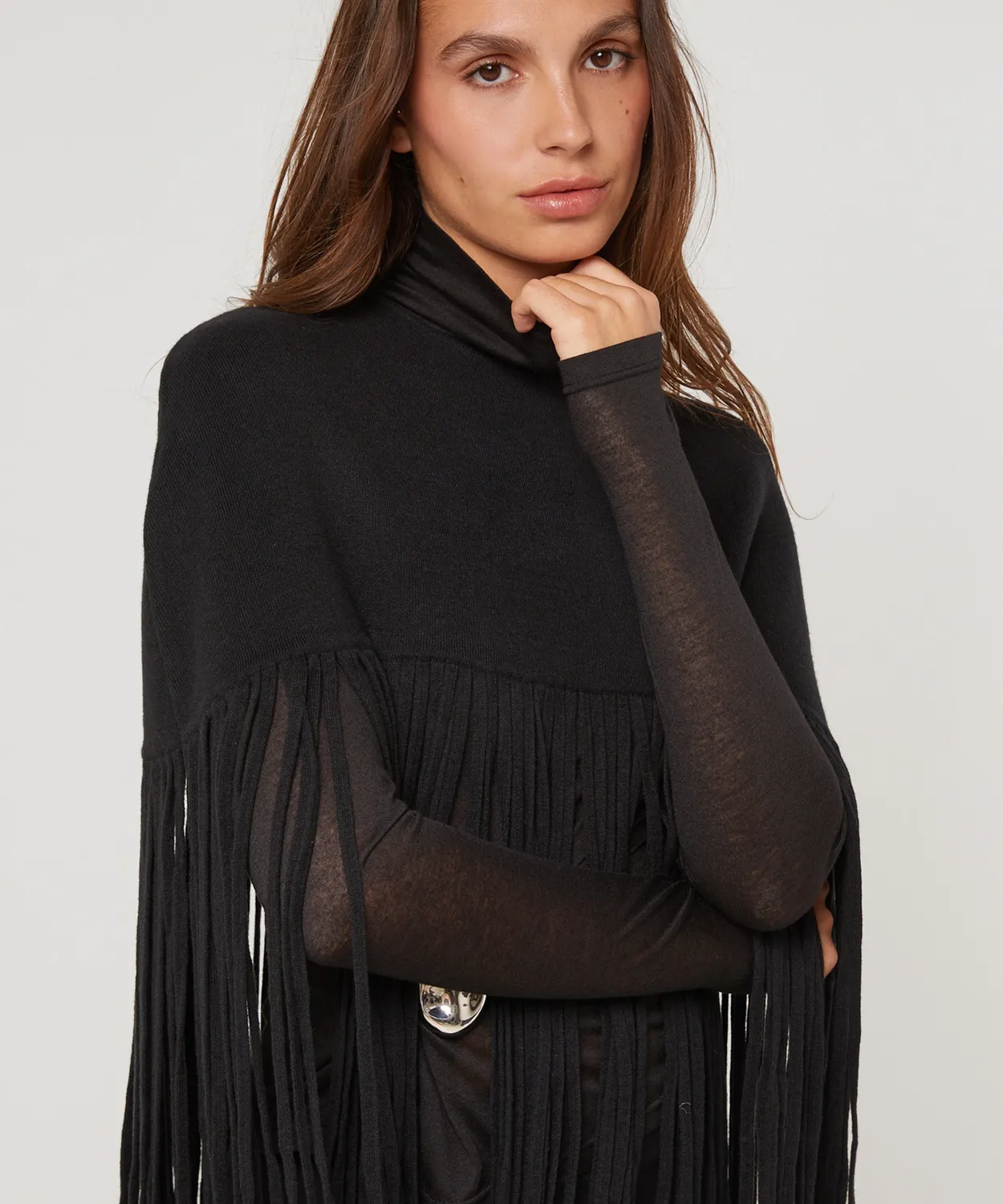 Rodier Mantella con frange Nero maglia densa