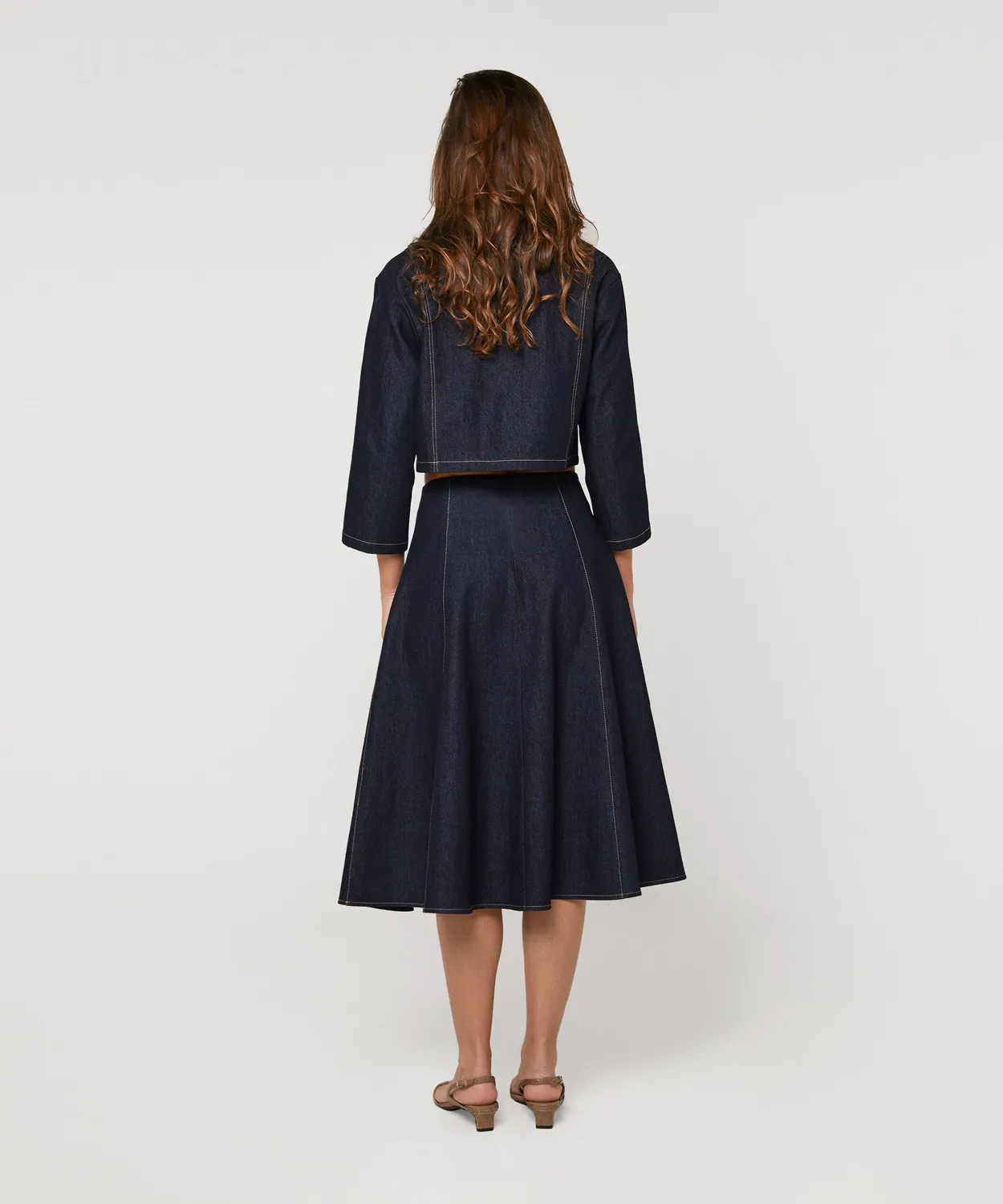 Rodier gonna svasata denim midi blu denim vita alta
